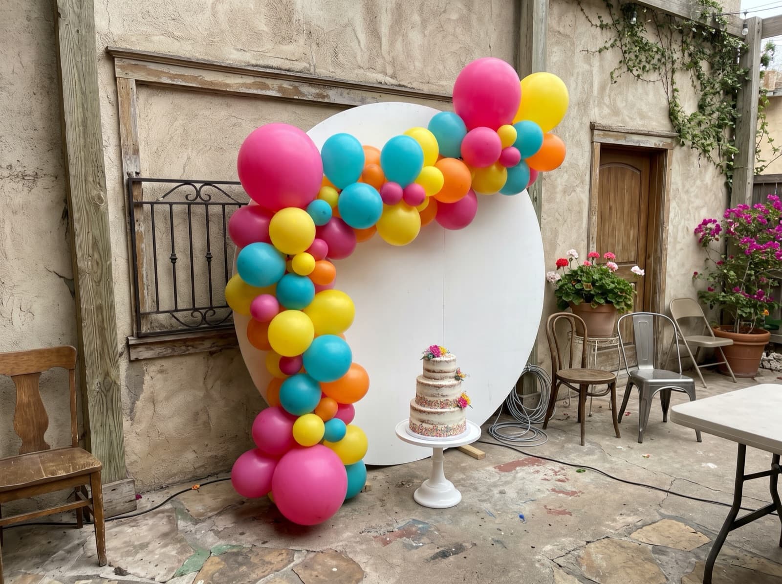 Round balloon backdrop with a bright Fiesta-color organic garland and a cake on a pedestal