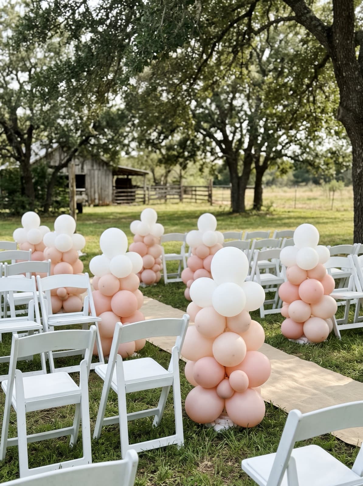 Organic balloon columns lining an outdoor ceremony aisle under oak trees
