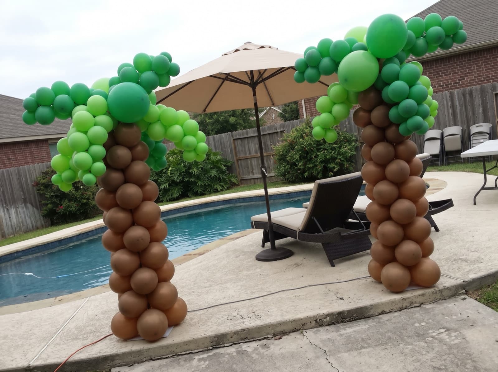 Balloon palm trees beside a backyard pool