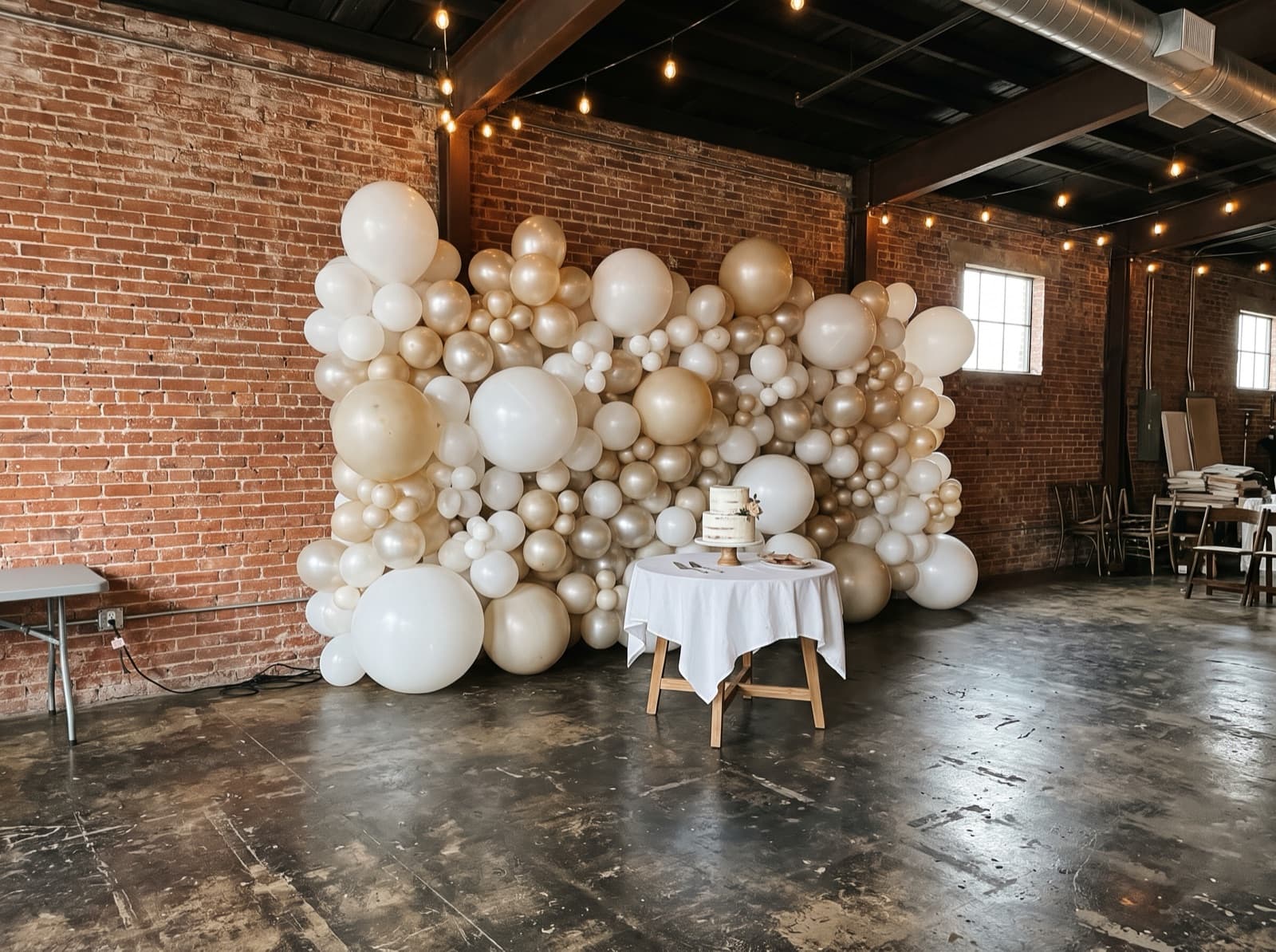Organic balloon wall in white, pearl and champagne behind a cake table in a San Antonio warehouse event venue