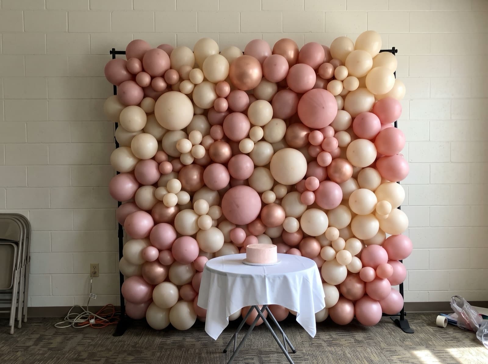 Organic balloon wall in blush, ivory and rose gold